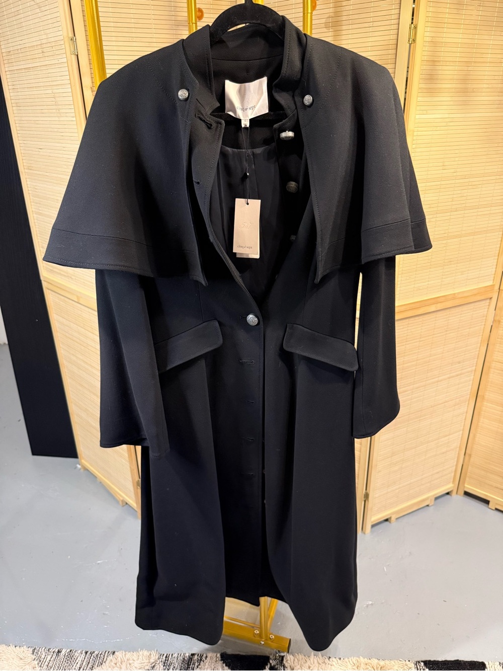 cinq a sept Black Trench Coat with Cape Overlay